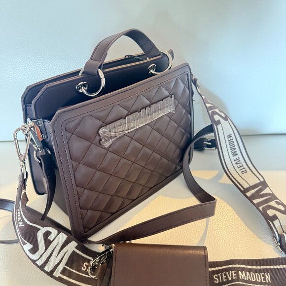 NWT STEVE MADDEN BEVELYN QUILTED SATCHEL CROSSBODY BAG W CREDIT CARD CASE BROWN - Picture 1 of 8